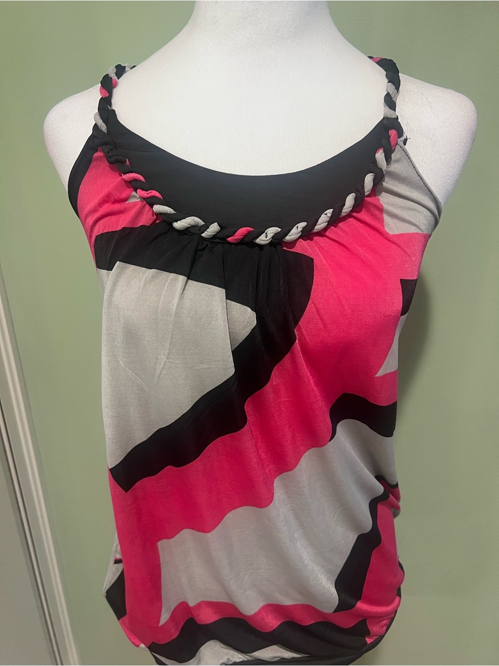 New Pink, Black & Gray Braided Strap Tank Top